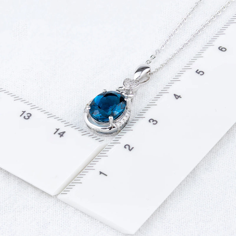 14K White Gold London Blue Topaz Pendant Necklace for Women