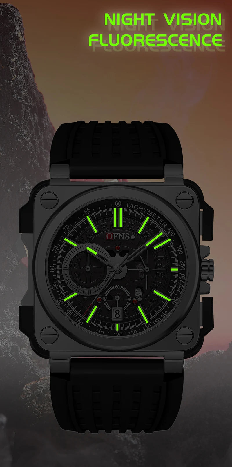 Stainless Steel Quartz Chronograph Watch with Luminous Silicone Strap for Men