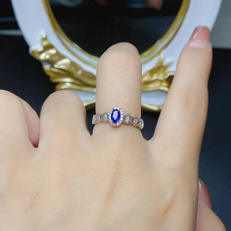 Sterling Silver Natural Sapphire Ring with Certificate for Women