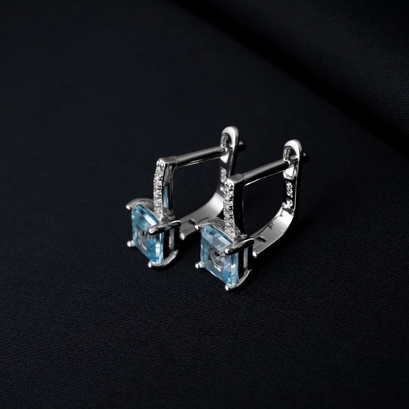 925 Sterling Silver Square Natural Sky Blue Topaz Hoop Earrings for Women