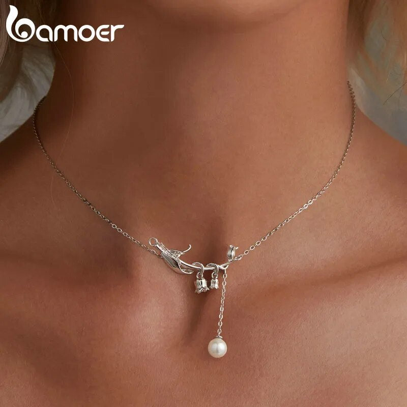 Sterling Silver Shell Pearl Lily of the Valley Pendant Necklace for Women