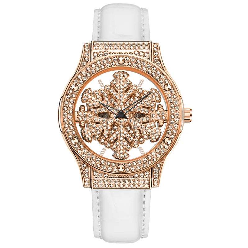 Silver Leather Snowflake Hollow Diamond Watch for Women