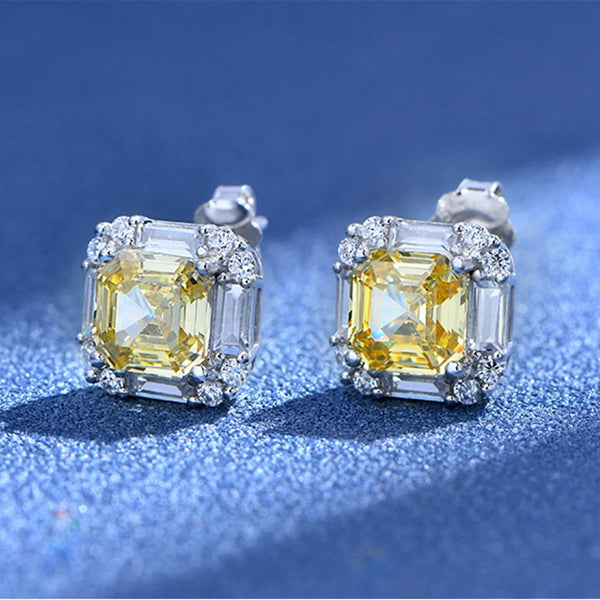 Wong Rain 925 Sterling Silver Asscher Cut 7*7MM Citrine High Carbon Diamond Gemstone 18K Gold Plated Earrings Studs Fine Jewelry