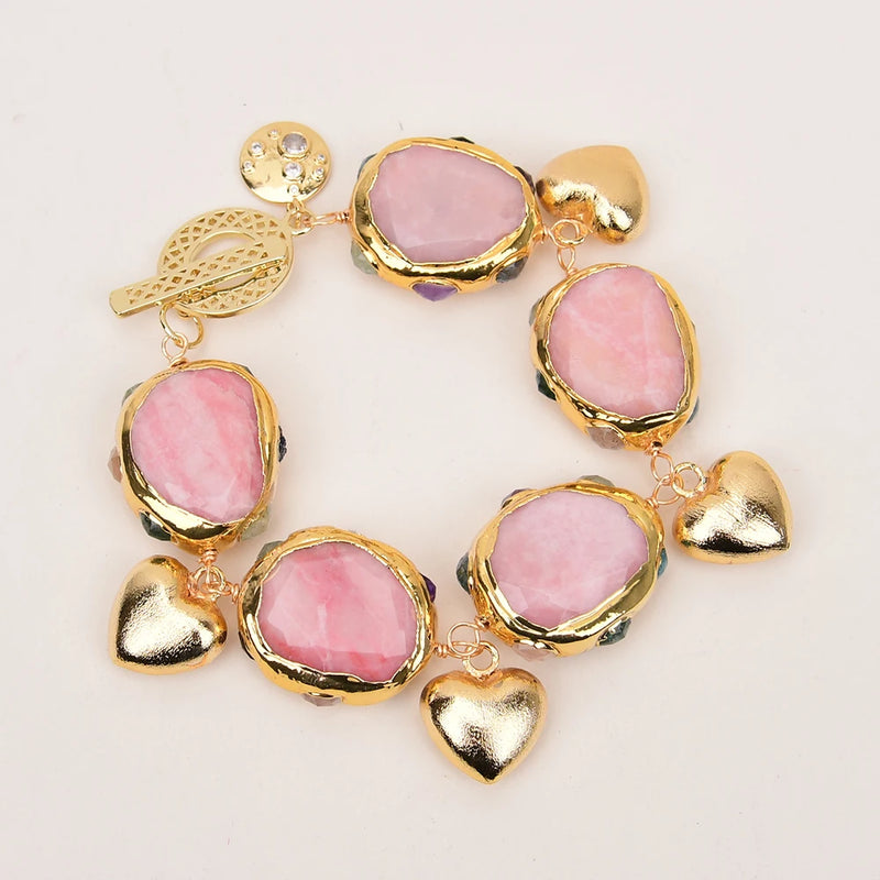 Gold Plated Multi Quartz Rhodochrosite Heart Charms Bracelet for Women