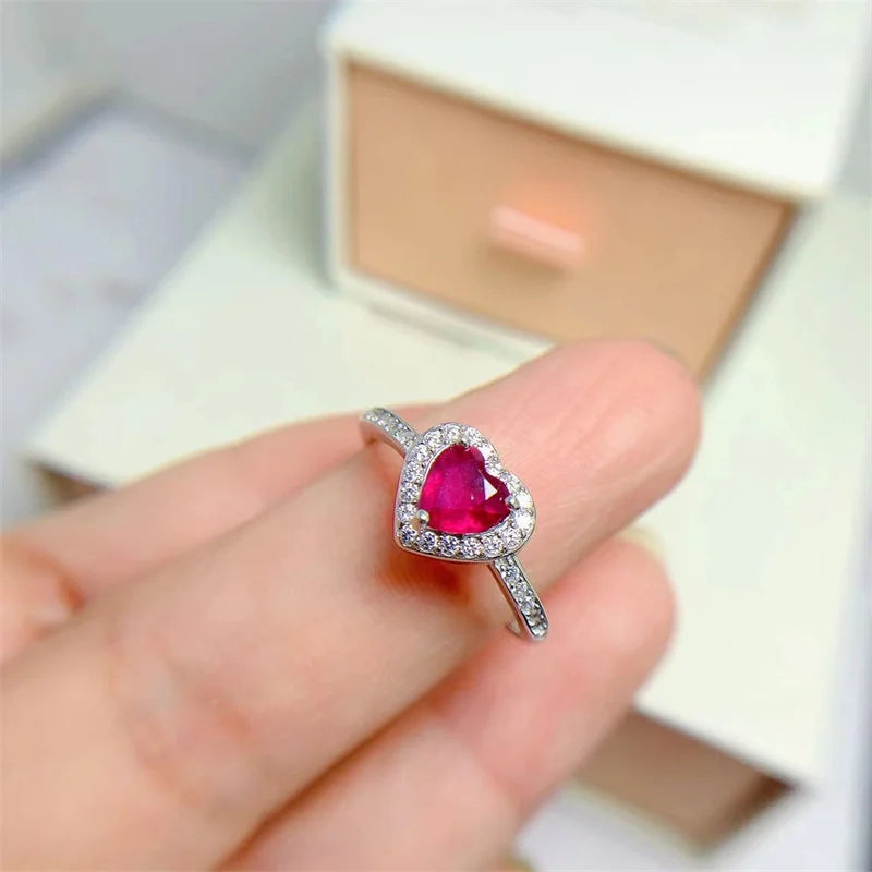 925 Sterling Silver Ruby Heart-Shaped Ring for Her