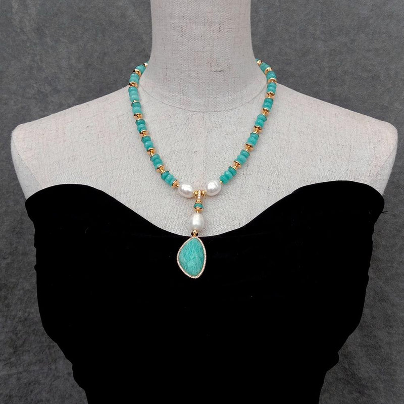 Y.YING Green Jade Cultured White Rice Pearl Necklace Natural Amazonite Pendant Gemstone Necklace