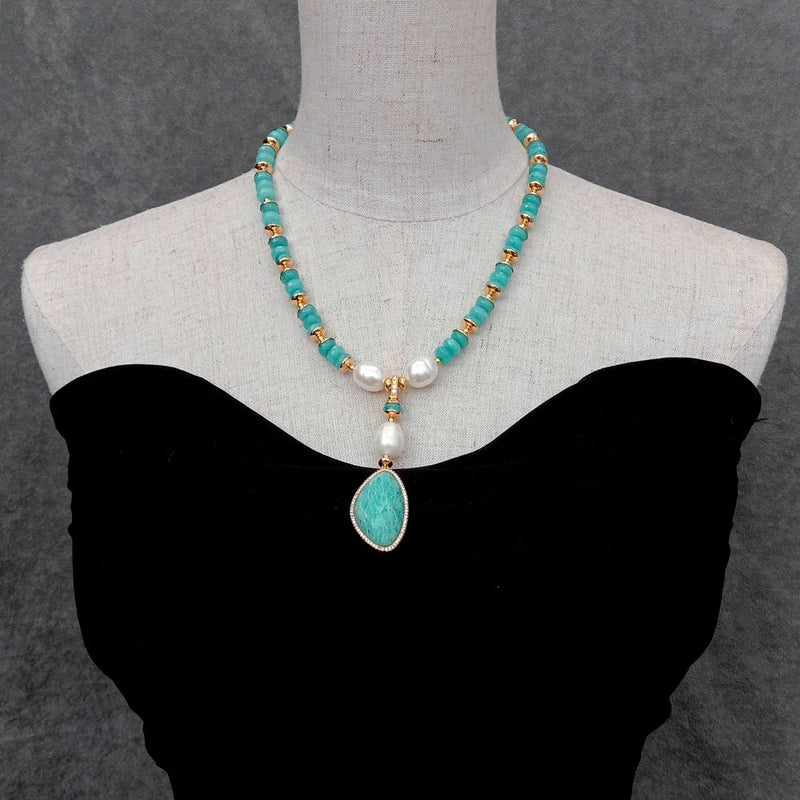 Sterling Silver Green Jade & White Rice Pearl Amazonite Pendant Necklace for Her
