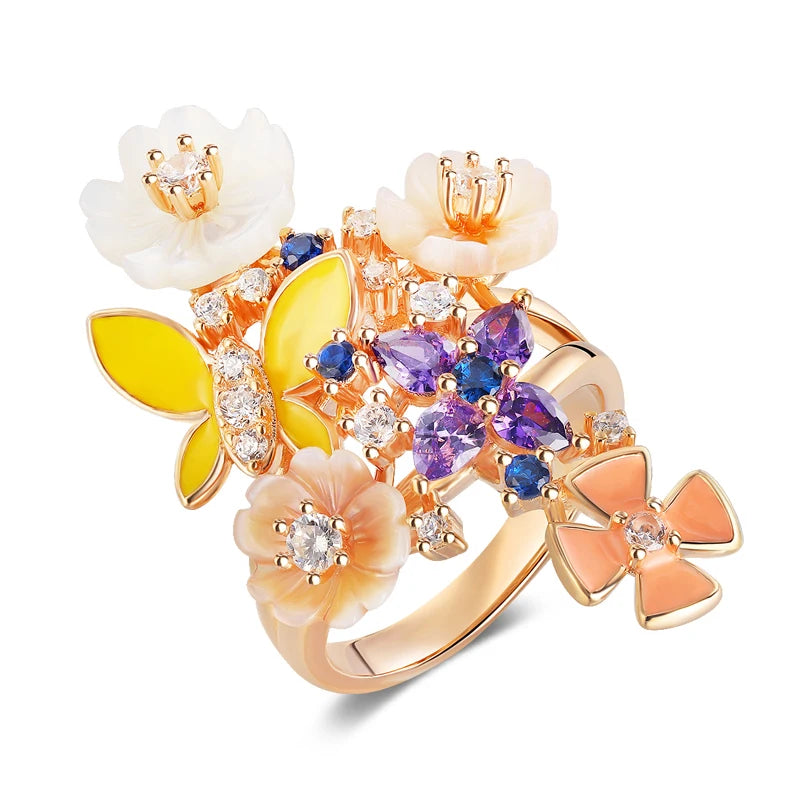 925 Sterling Silver Enamel Flower Ring for Women