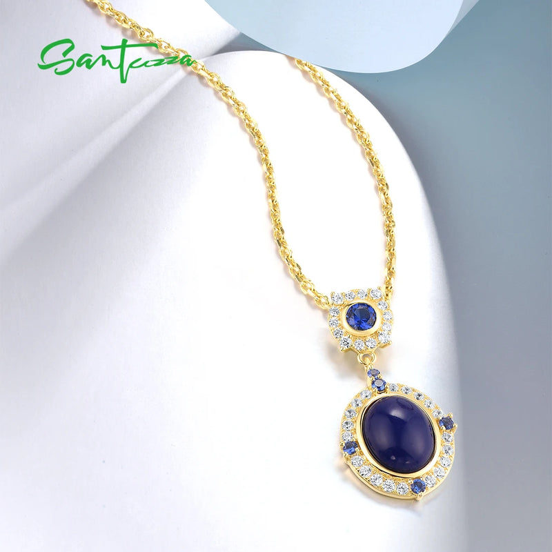 Sterling Silver Pendant with White Blue CZ Created Lapis for Women