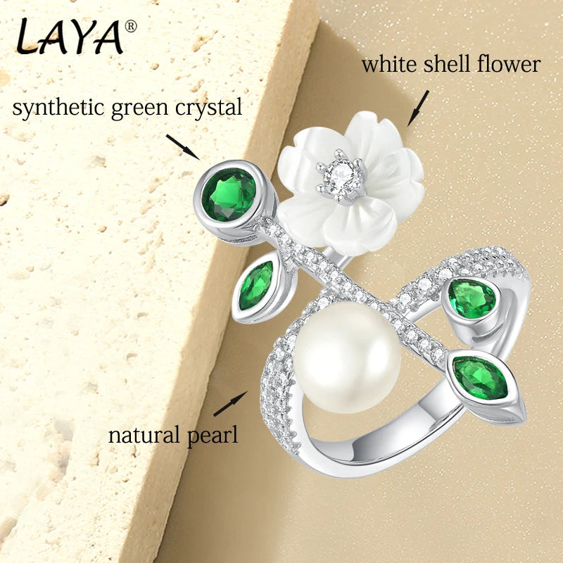 925 Sterling Silver White Shell Flower Ring with Green Zircon & Pearl for Women