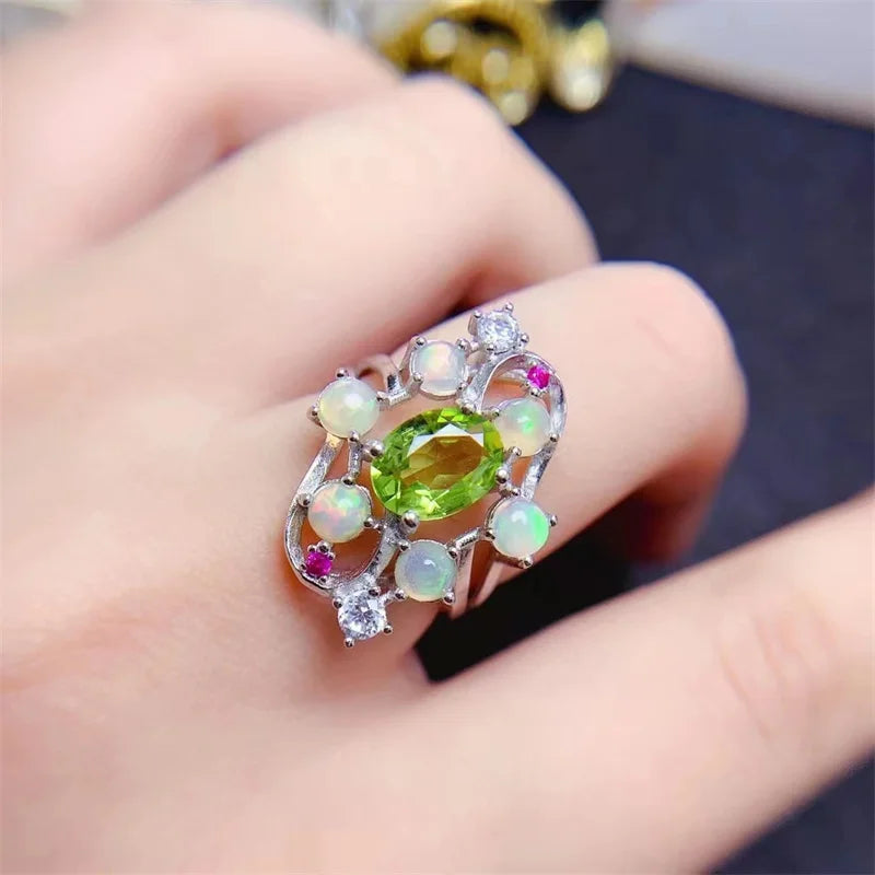 925 Sterling Silver Peridot Opal Ring, Korean Style, for Women