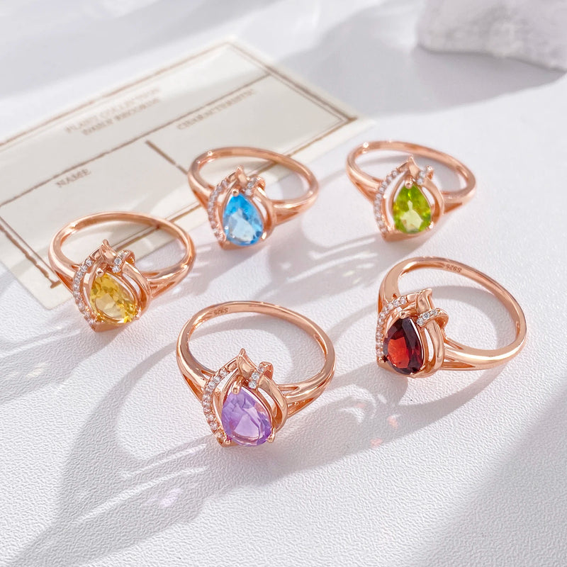 Sterling Silver Pear Cut Amethyst, Peridot, Garnet, Topaz, and Citrine Gemstone Ring for Women