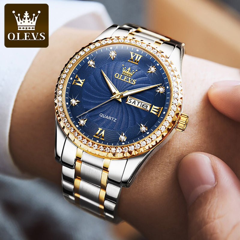 Stainless Steel Diamonds Quartz Luminous Date Week Wrist Watch for Men