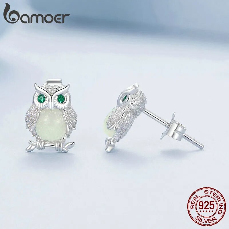 Sterling Silver Owl Stud Earrings with Luminous Stone for Women