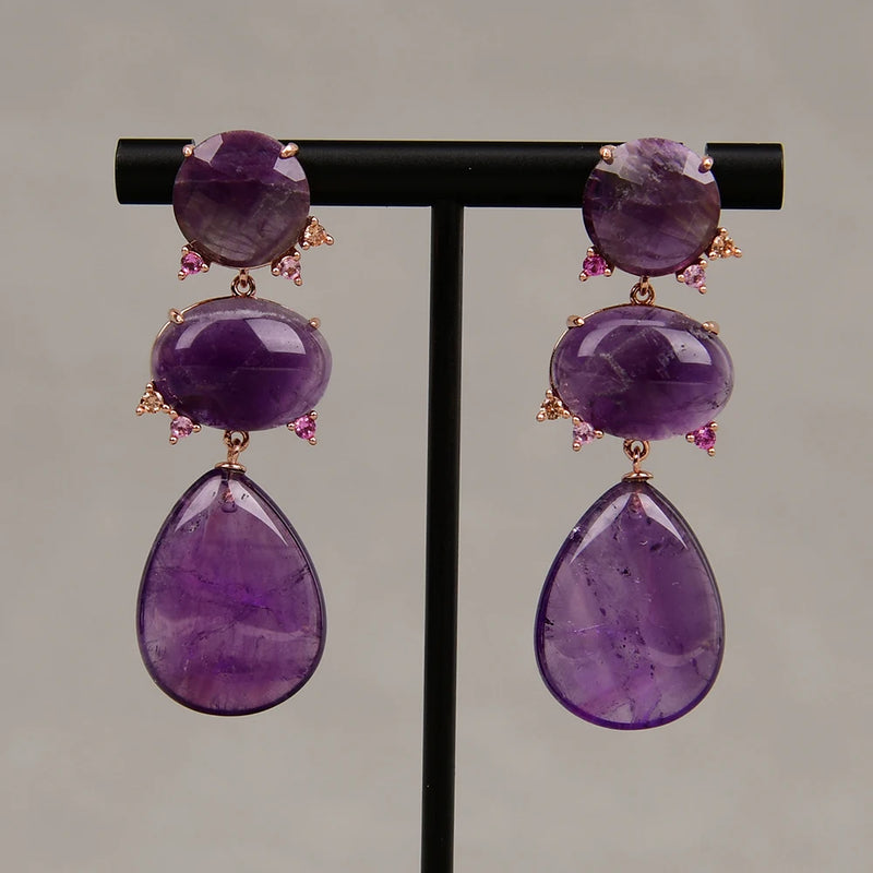 Gold Plated Amethyst Quartz Zircon CZ Teardrop Earrings for Women