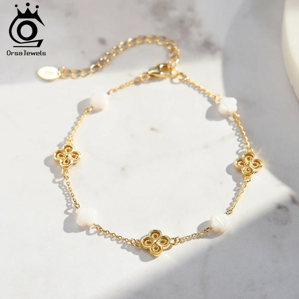 14K Gold Plated 925 Sterling Silver Four-Leaf Plant Bracelet