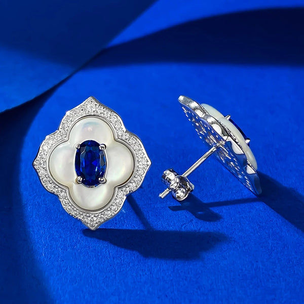 Wong Rain Vintage 100% 925 Sterling Silver Oval Cut 4*6 MM Sapphire Gemstone Ear Studs Earrings for Women Wedding Party Jewelry