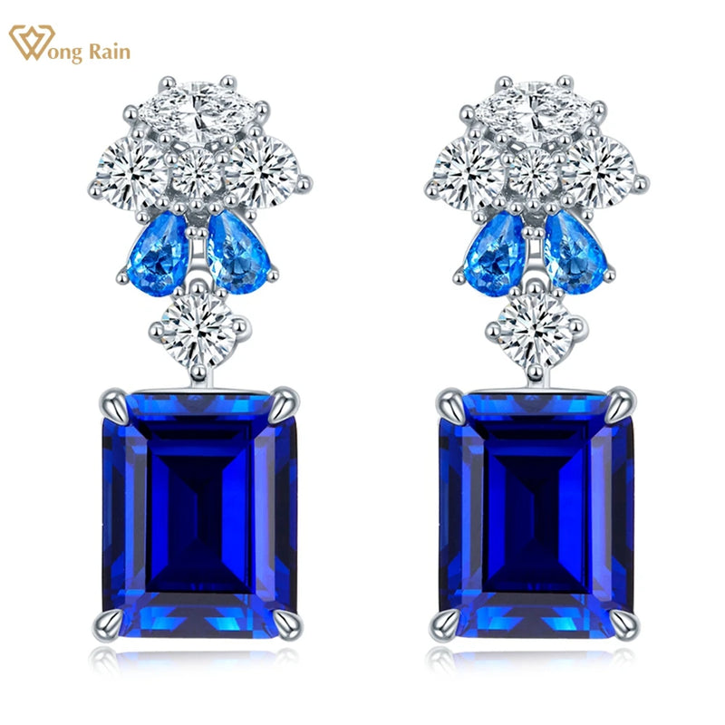 925 Sterling Silver Emerald Cut 8 ctw Sapphire Diamond Drop Earrings for Women