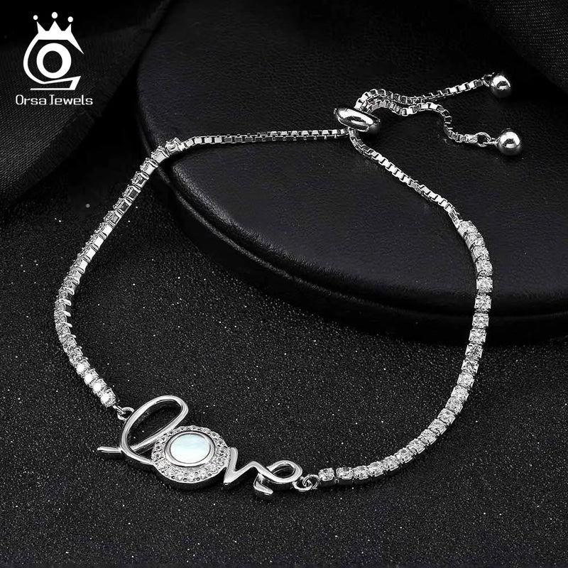 925 Sterling Silver Mother of Pearl Love Chain Bracelet for Women