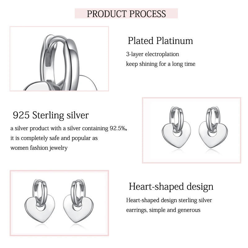 925 Sterling Silver Heart Drop Earrings for Women