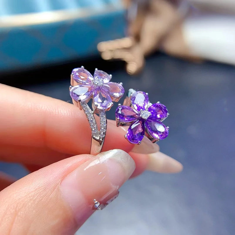 925 Sterling Silver Amethyst Flower Ring for Women