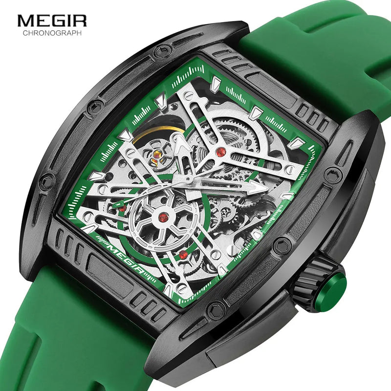 Stainless steel Green Silicone strap Automatic Waterproof Mechanical Tonneau Dial Watch. for Men