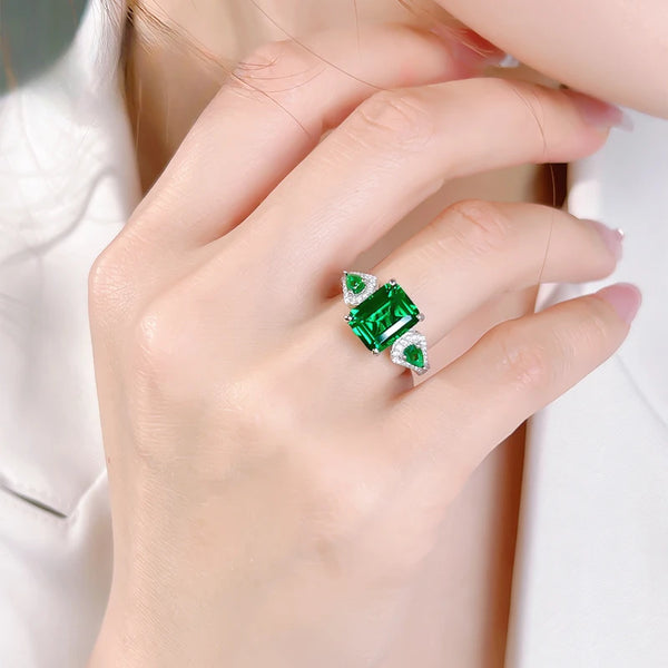 925 Silver Green Tourmaline Emerald Cut Ring for Women