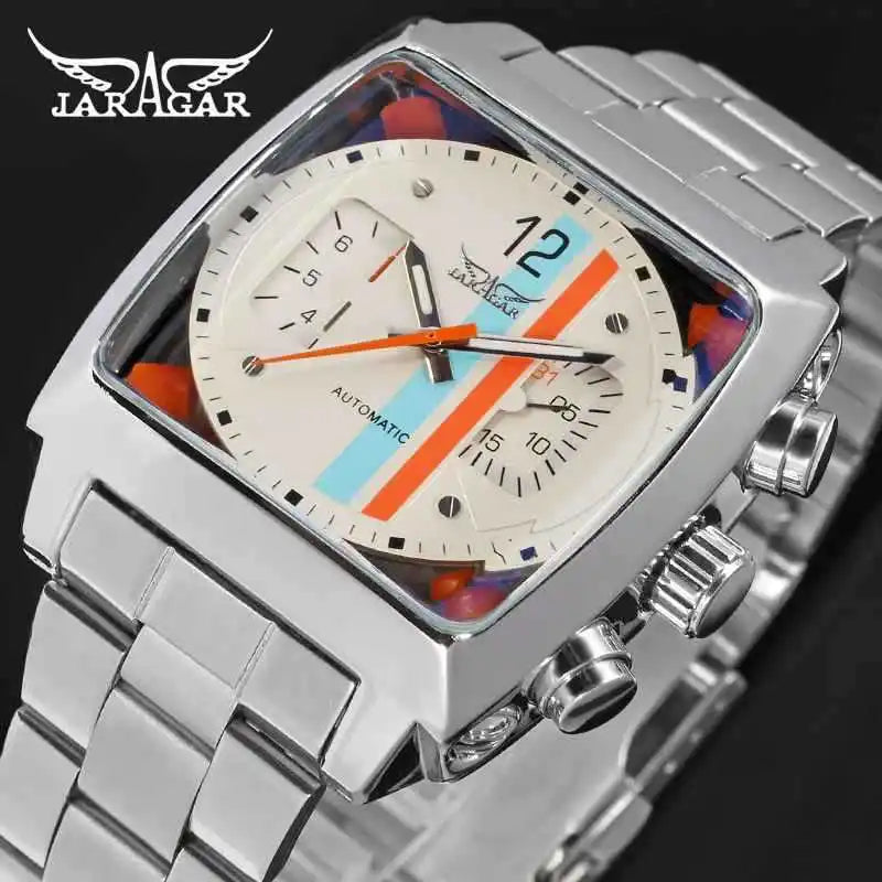 Stainless Steel Square Automatic Mechanical Watch with Date and Week for Men