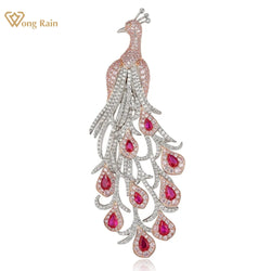 925 Sterling Silver Ruby Sapphire Diamond Gemstone Peacock Brooch for Women