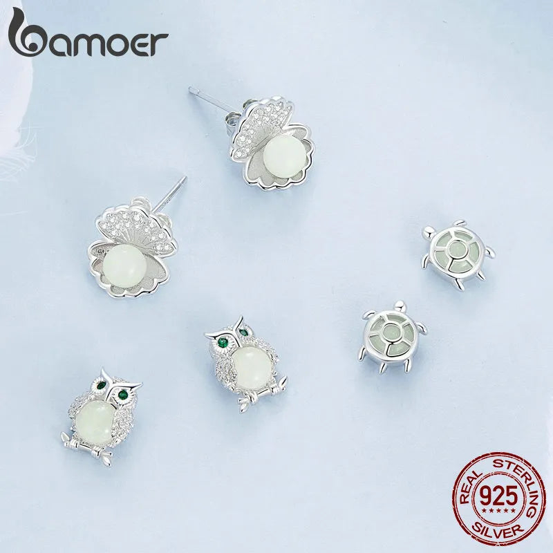 Sterling Silver Sea Turtle Stud Earrings with Luminous Stone for Women