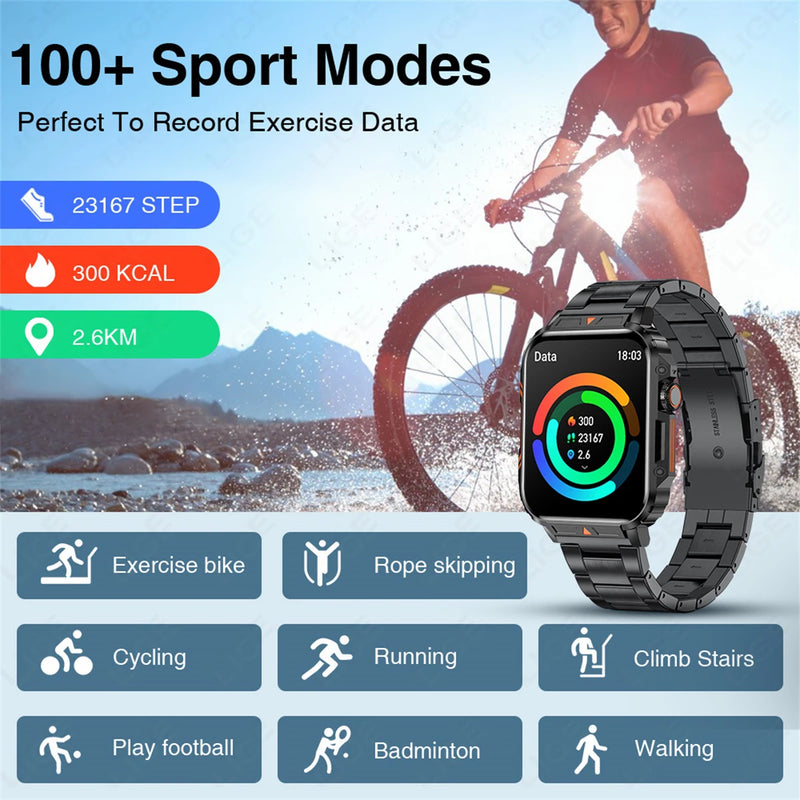 Smart Outdoor Military Watch for Sports Fitness with AI Voice, Waterproof & Bluetooth Call