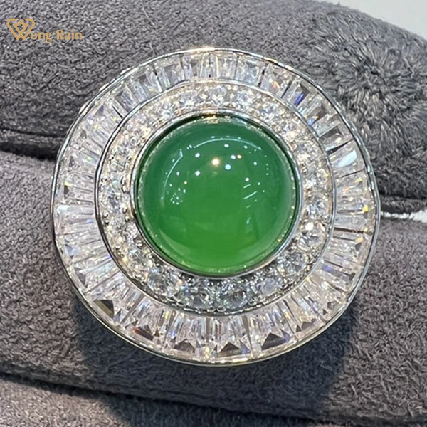 Wong Rain Vintage 925 Sterling Silver Natural Green Jade Gemstone Engagement Ring for Women Cocktail Party Fine Jewelry