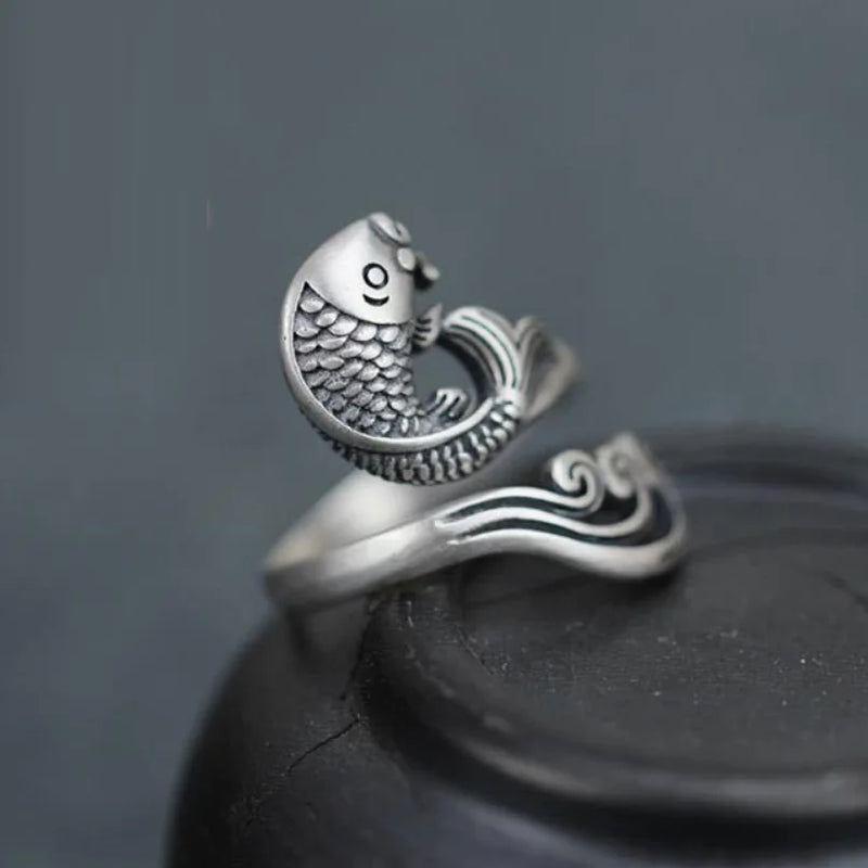 Solid Silver Retro Open Fish Ring for Women