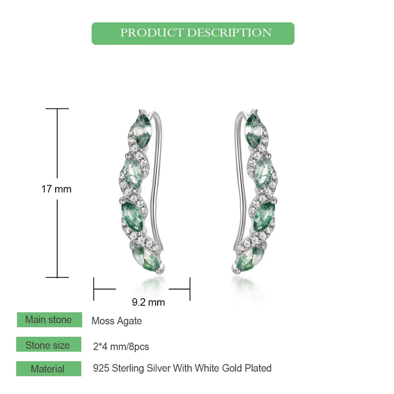 Sterling Silver Moss Agate Leaf Stud Earrings for Women