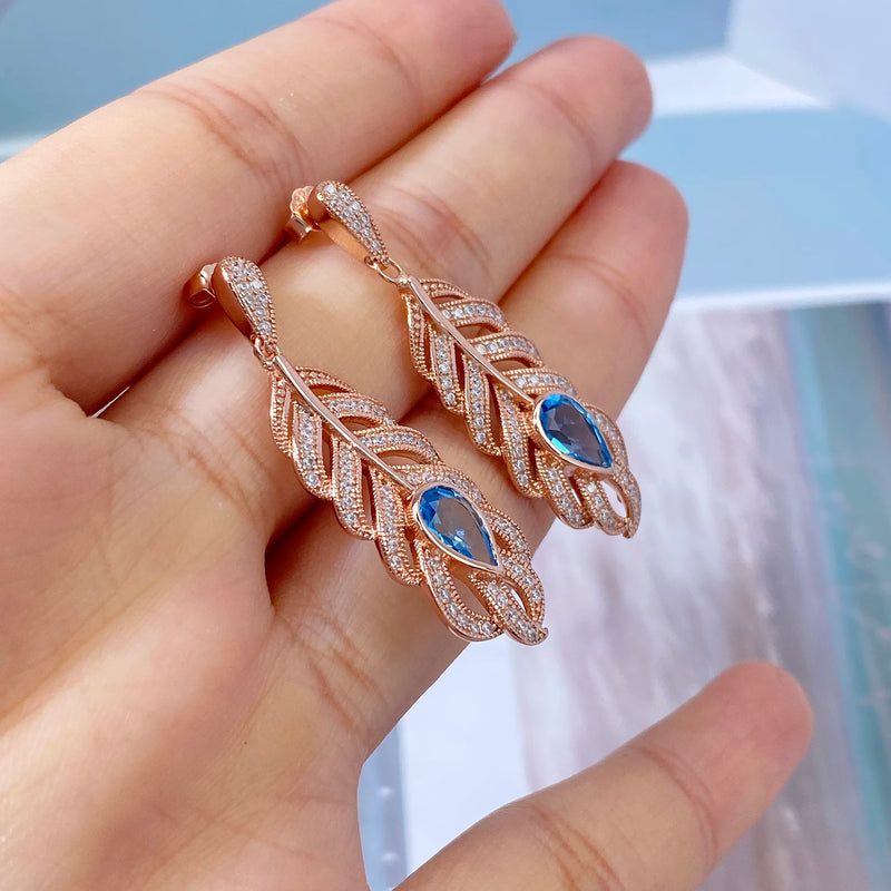 Rose Gold Plated Sterling Silver Feather Dangling Earrings with Blue Topaz for Women