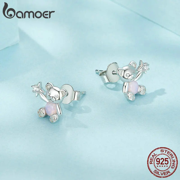 925 Sterling Silver Opal Bear Stud Earrings for Women