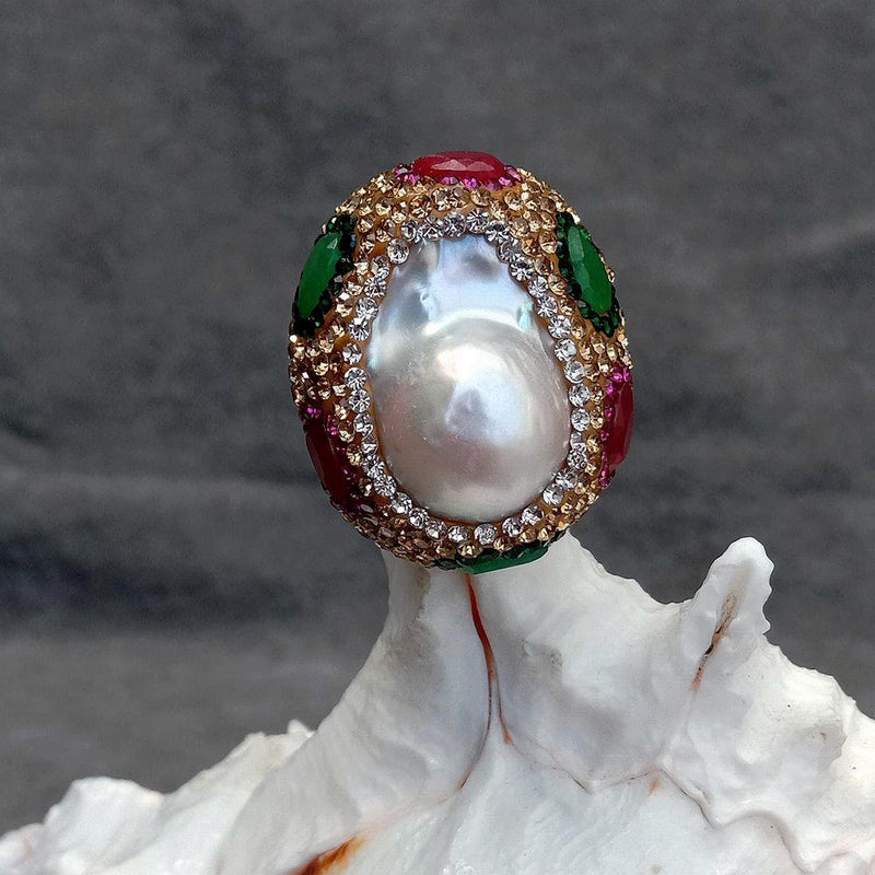 Sterling Silver White Keshi Pearl Crystal Ring for Women