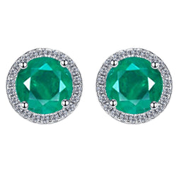 Sterling Silver Round Emerald Paraiba Tourmaline Stud Earrings for Women