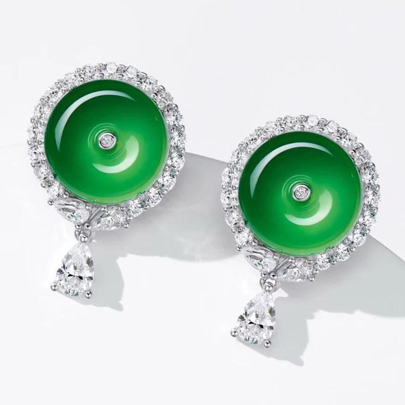 Sterling Silver 13MM Natural Green Jade High Carbon Diamond Gemstone Ear Studs for Women