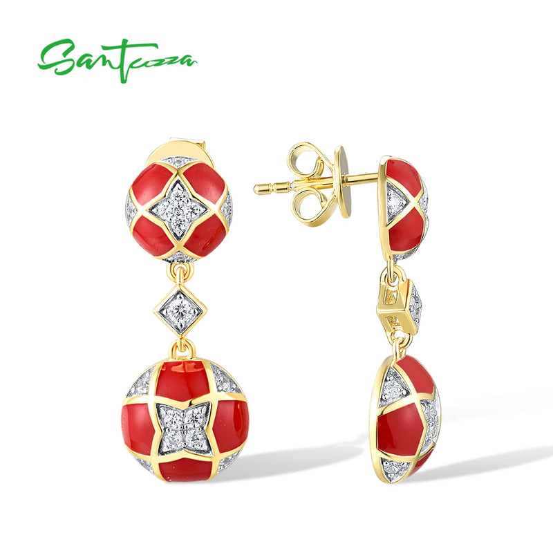 925 Sterling Silver White CZ Red Enamel Dangling Earrings for Women