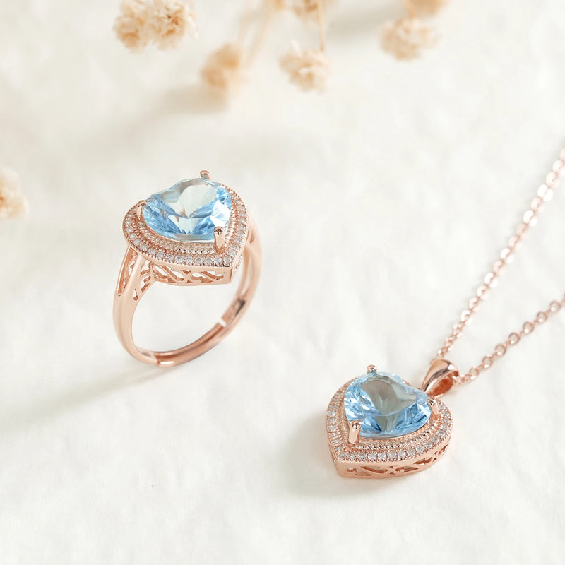 925 Sterling Silver Blue Topaz Necklace and Ring Set for Women