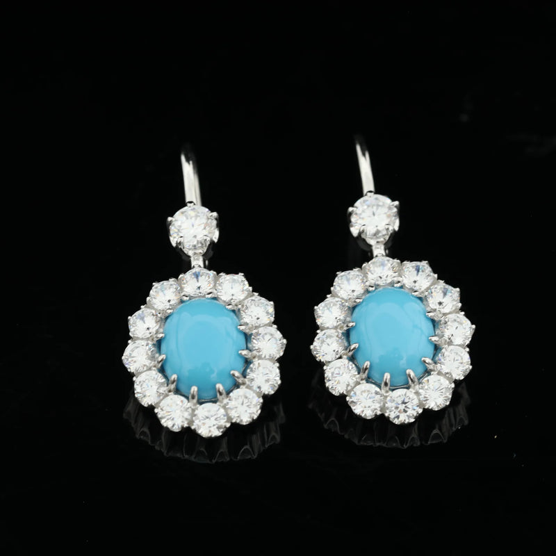 925 Sterling Silver Oval Turquoise Lab Sapphire Gemstones Drop Earrings