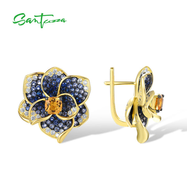 Sterling Silver Blooming Flower Earrings with Blue Spinel and Yellow Crystal for Women