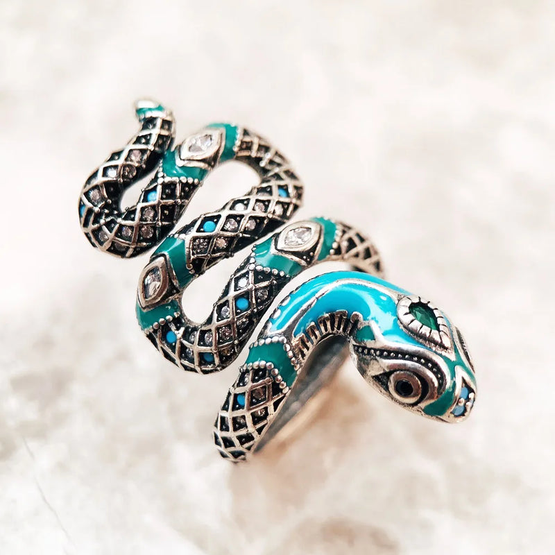 925 Sterling Silver Blue Snake Open Ring for Women