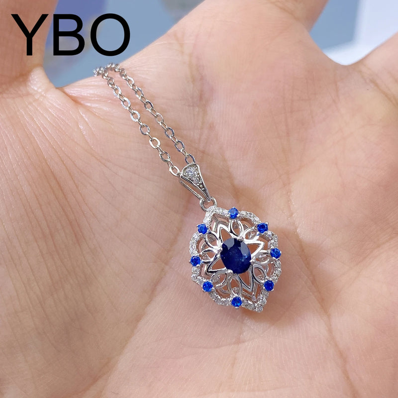 925 Sterling Silver Sapphire Flower Pendant Necklace for Women