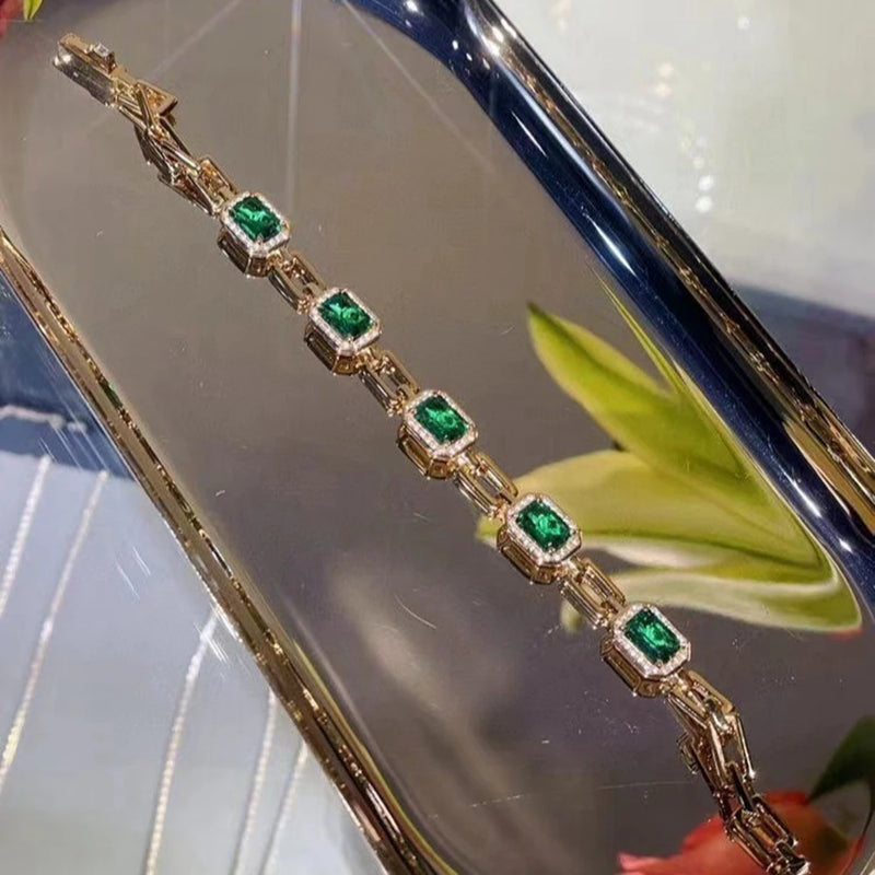 18K Gold Plated Sterling Silver Emerald Diamond Bangle Bracelet for Women