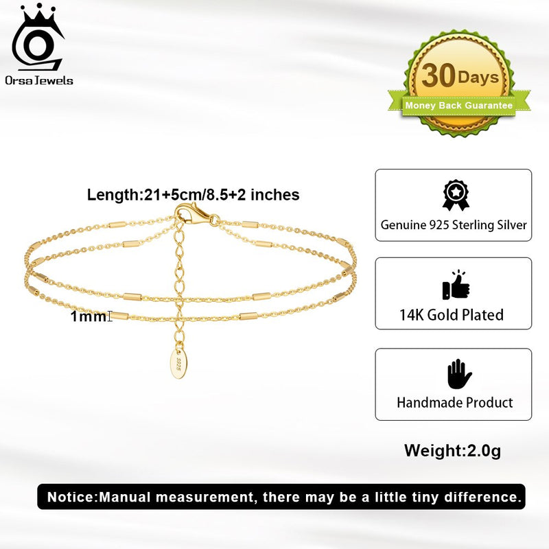 925 Sterling Silver Layered Cable Chain Anklet with Horizontal Bar for Women