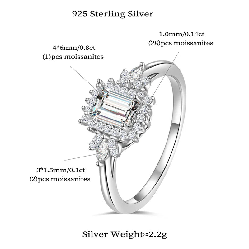 Sterling Silver Moissanite Emerald Cut Flower Engagement Wedding Ring. for Women.