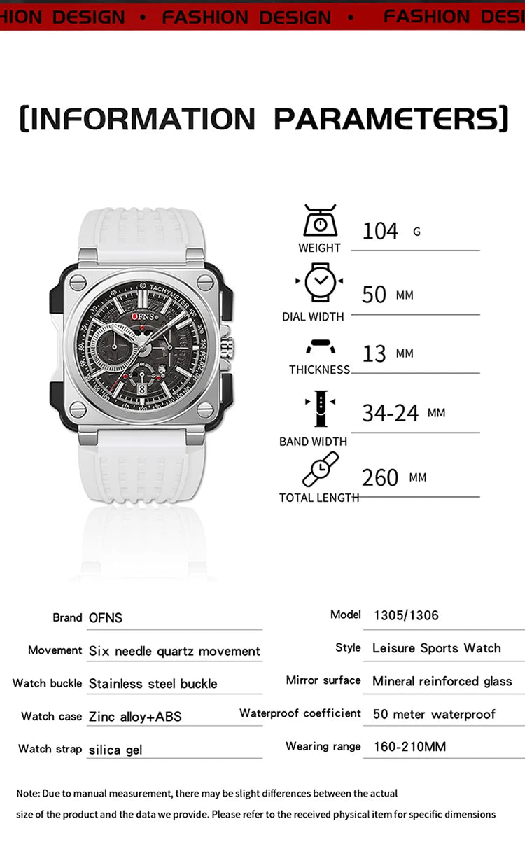 Stainless Steel Silicone Quartz Calendar Waterproof Multi Function square Watch for Men