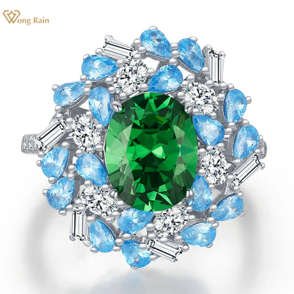 925 Sterling Silver Oval Emerald and Diamond Ring for Women